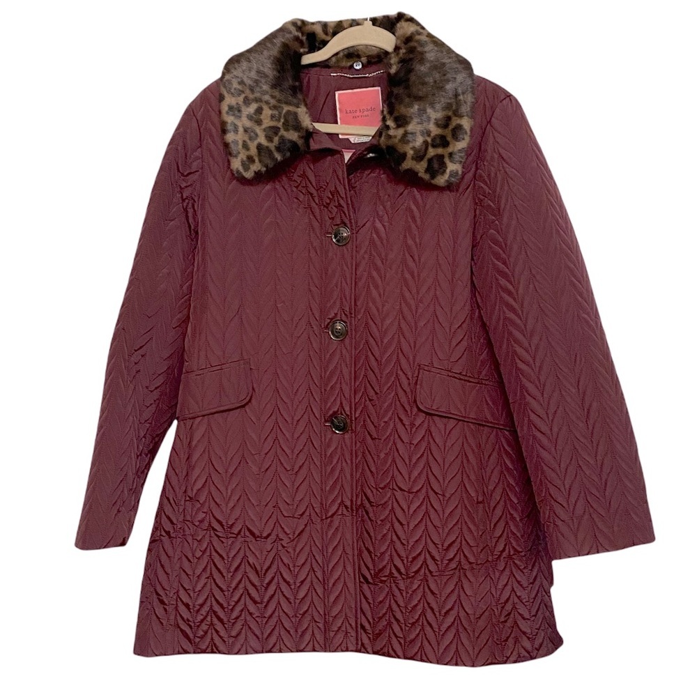 Kate Spade Quilted Chevron Jacket w/ Removable Faux Fur Leopard Collar - Picture 7 of 13
